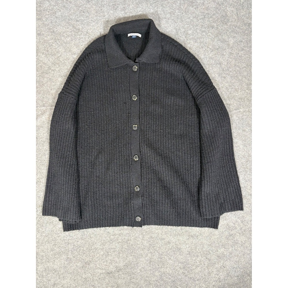 American Eagle Ribbed Button Front Cardigan Sweater Black Polo Collar Large